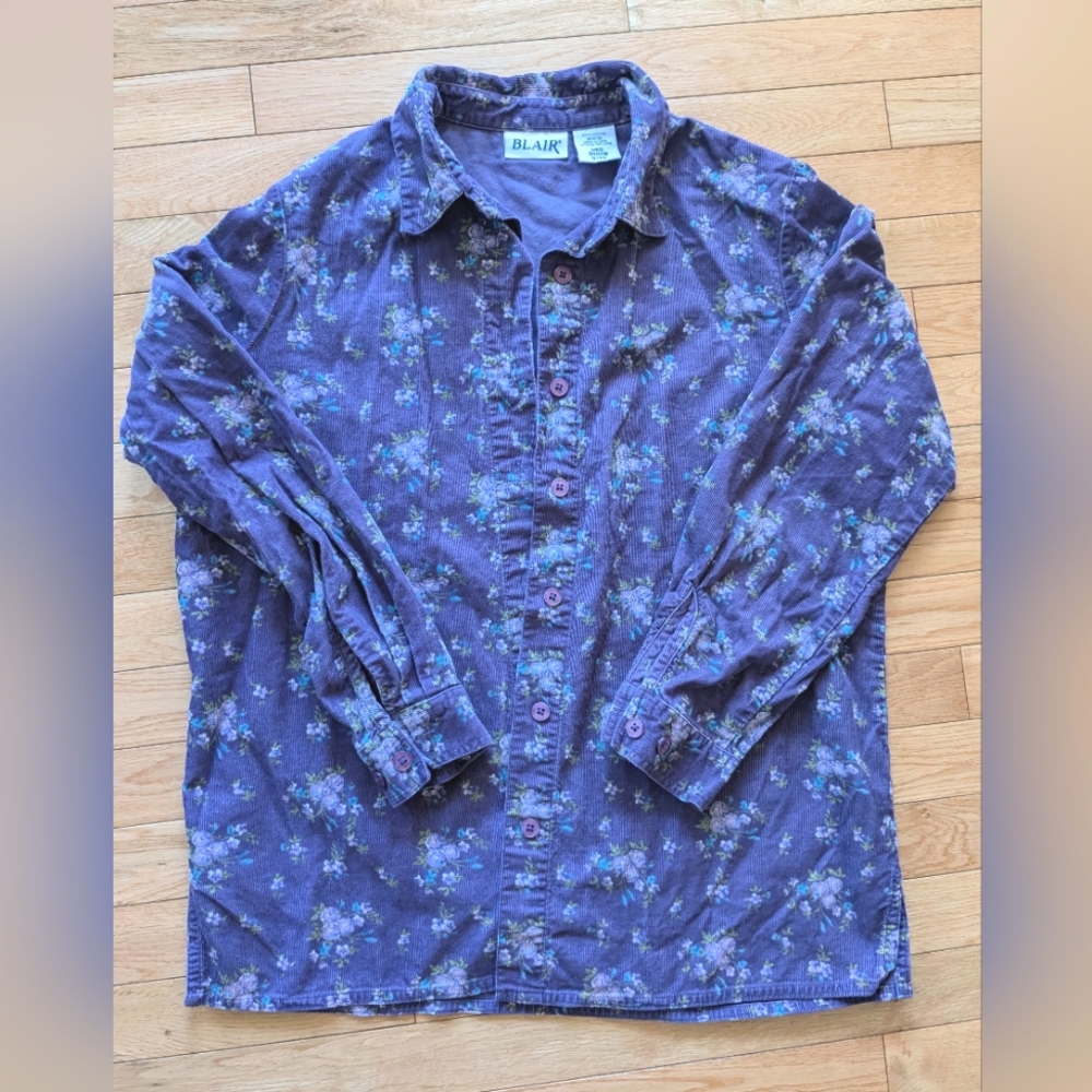 Vintage Corduroy Purple Floral Button Down Shirt